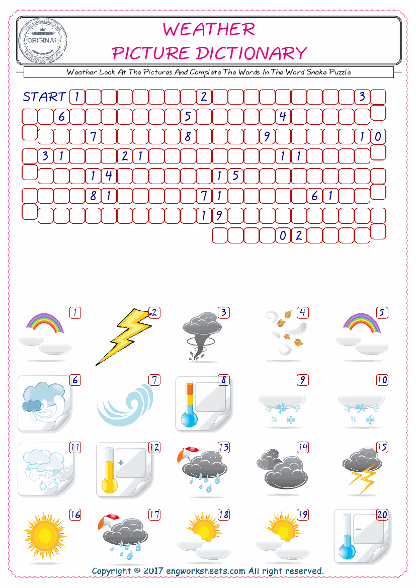  Check the Illustrations of Weather english worksheets for kids, and Supply the Missing Words in the Word Snake Puzzle ESL play. 